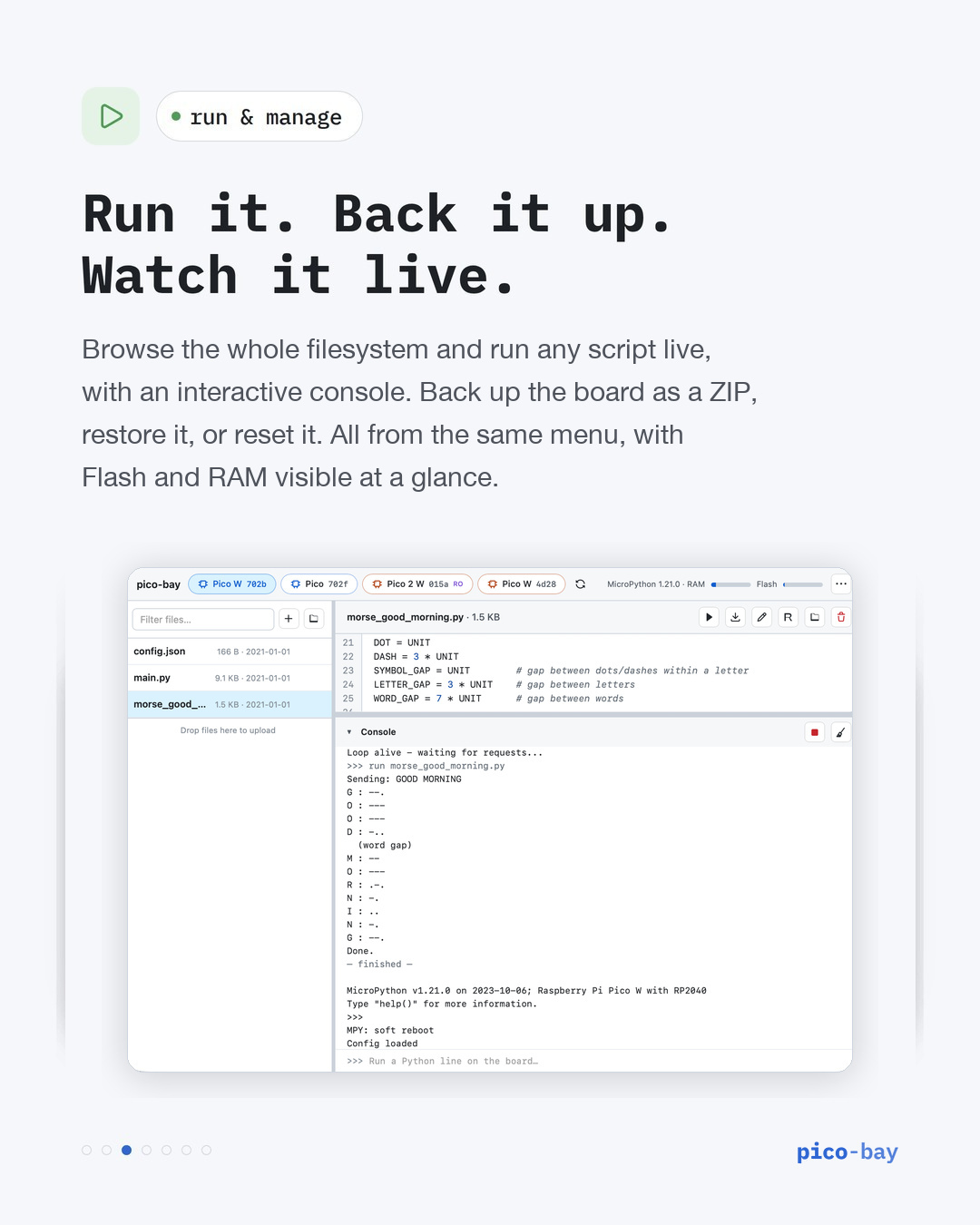 Pico Bay with multiple boards connected and a running Python script printing output in the live console