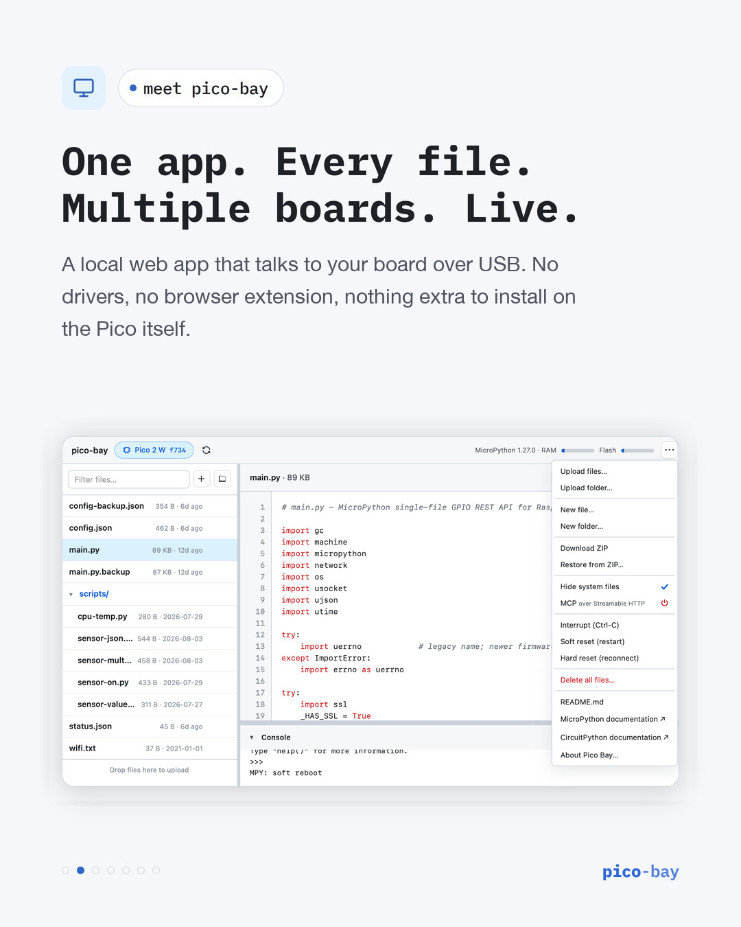 Pico Bay with a Pico 2 W connected, main.py open, a file tree, and the file and board actions menu